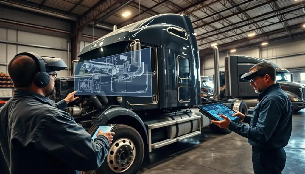 fleet technician performing AR-guided preventive maintenance on heavy duty vehicle