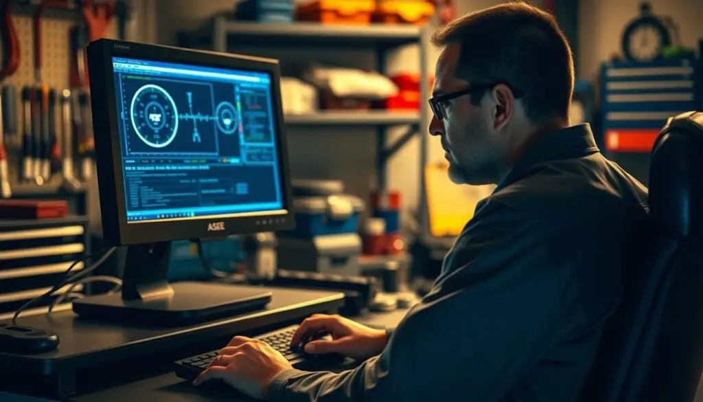 Diesel mechanic taking computerized ASE certification exam at authorized testing center