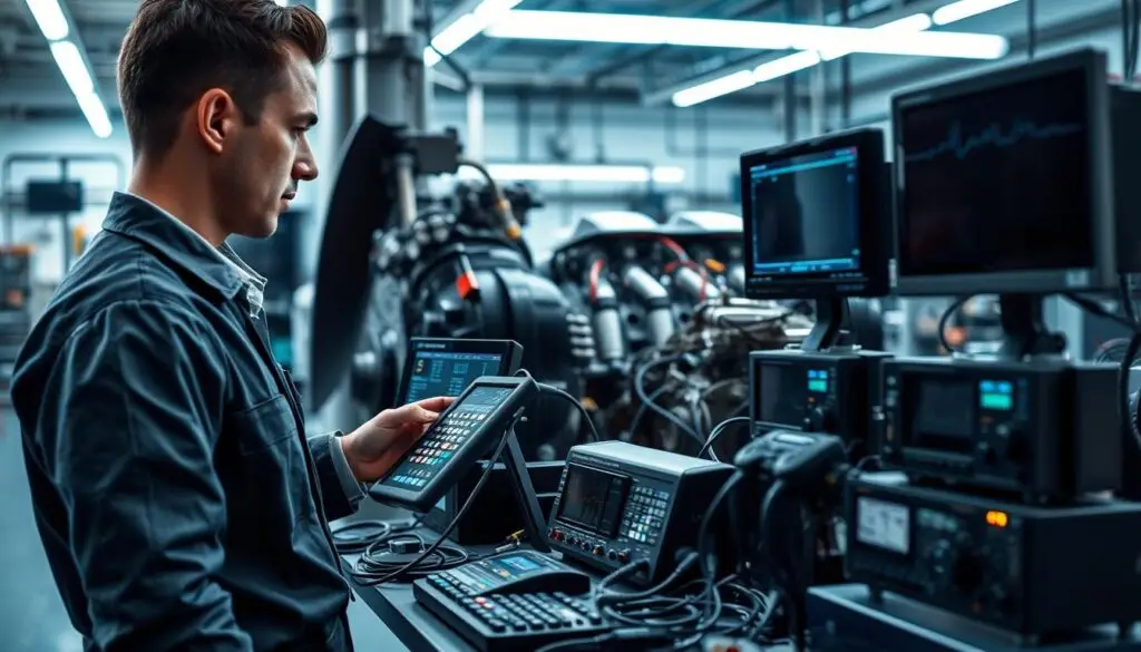 Mechanic performing advanced service resets using diesel diagnostic equipment