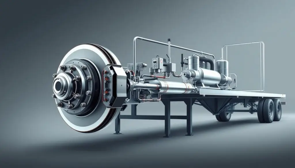 Commercial trailer air brake system diagram showing compressor, tanks, relay valves, and brake chambers