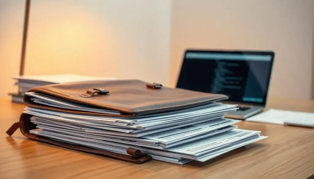 Commercial driver organizing required CDL compliance documentation including license medical certificate and logs