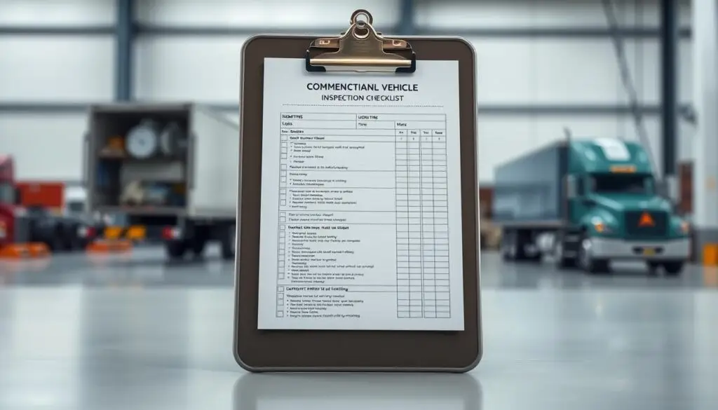 Detailed commercial vehicle brake system and tire inspection showing measurement tools and safety checklist procedures