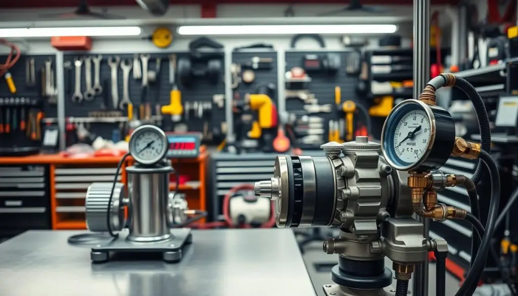 Proper common rail pressure testing equipment setup with high-pressure gauge connections