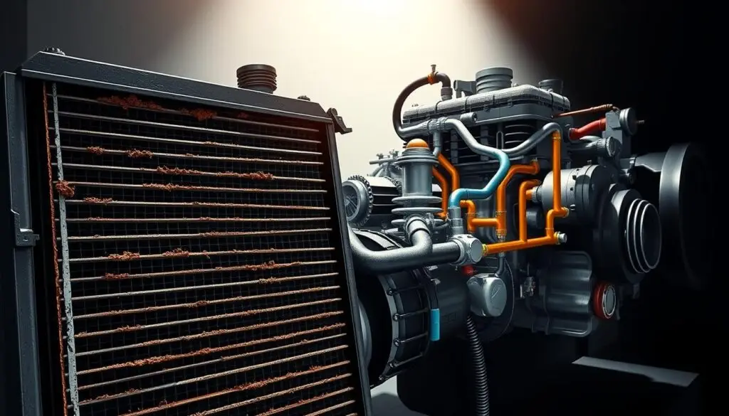 Technician inspecting diesel engine cooling system radiator and hoses for leaks