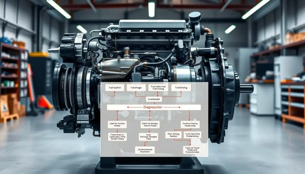 Seven-step systematic diesel engine troubleshooting workflow from visual inspection to temperature mapping