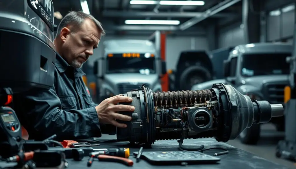 Diesel technician using diagnostic scanner to read DPF fault codes