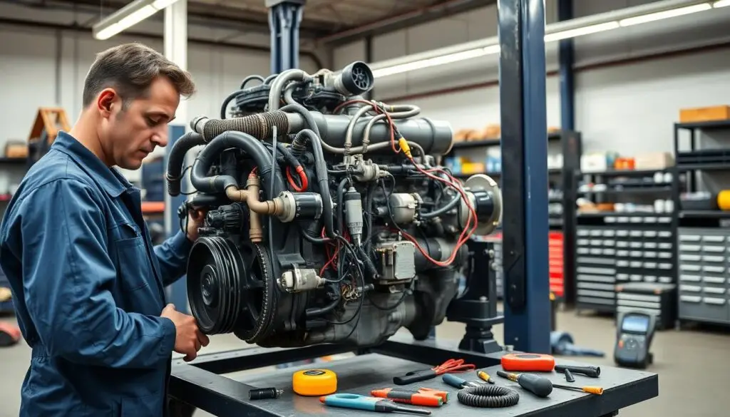 Diesel mechanic diagnosing no-start condition using multimeter and scan tool on truck engine