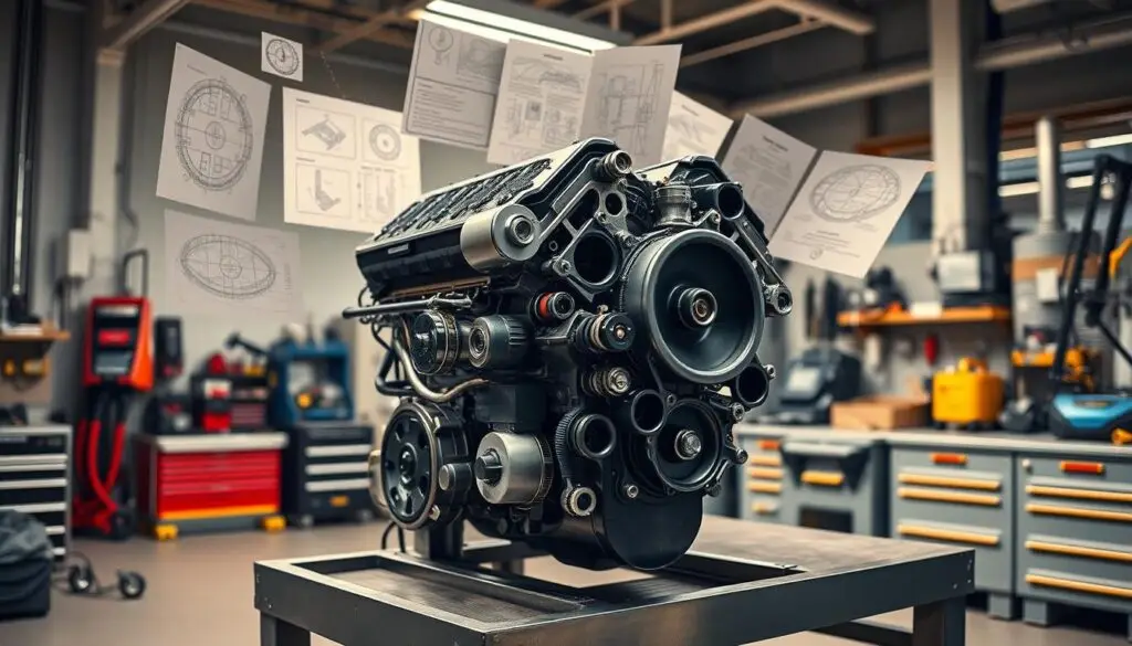Technician using scan tool to perform diesel engine diagnostics on heavy-duty truck in shop