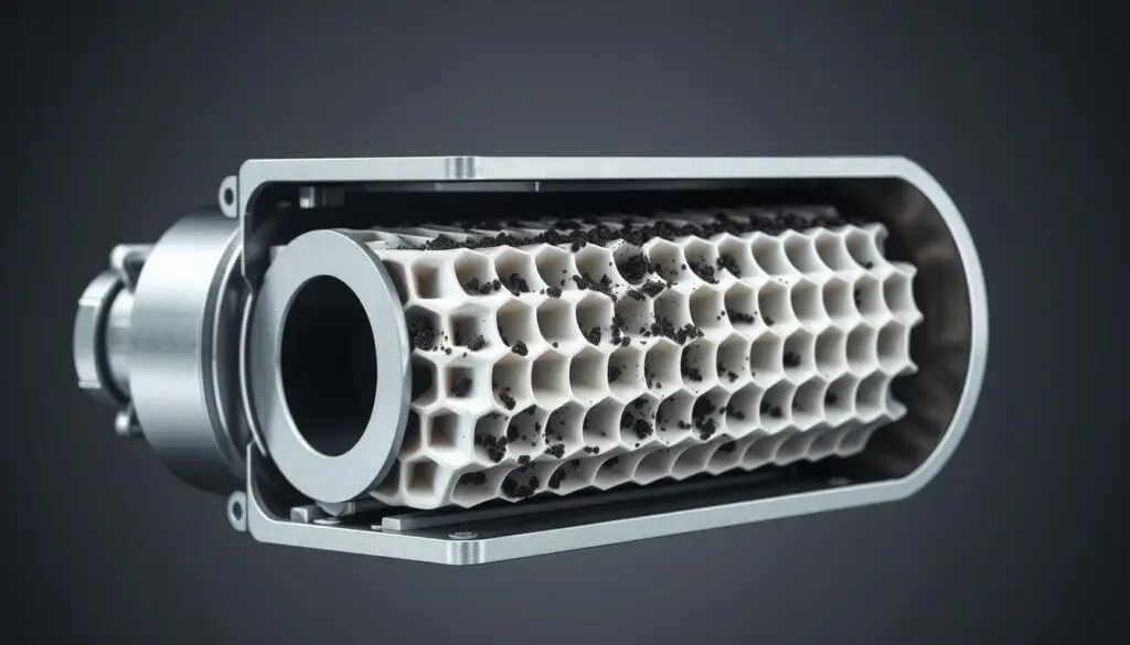 Diesel particulate filter internal honeycomb ceramic structure showing soot capture channels