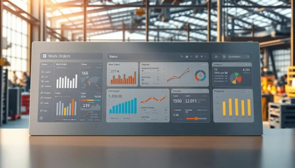 Shop management dashboard showing real-time job tracking with technician assignments and completion times