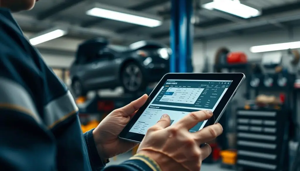 Automotive technician using rugged tablet for digital work order entry with diagnostic equipment visible