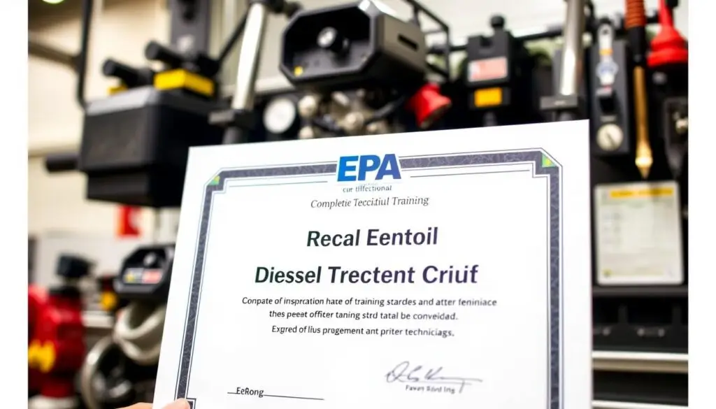 Diesel technician using refrigerant recovery equipment during EPA certified HVAC service