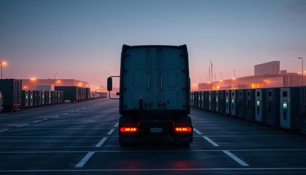 Commercial electric truck at DC fast charging station with fleet depot infrastructure