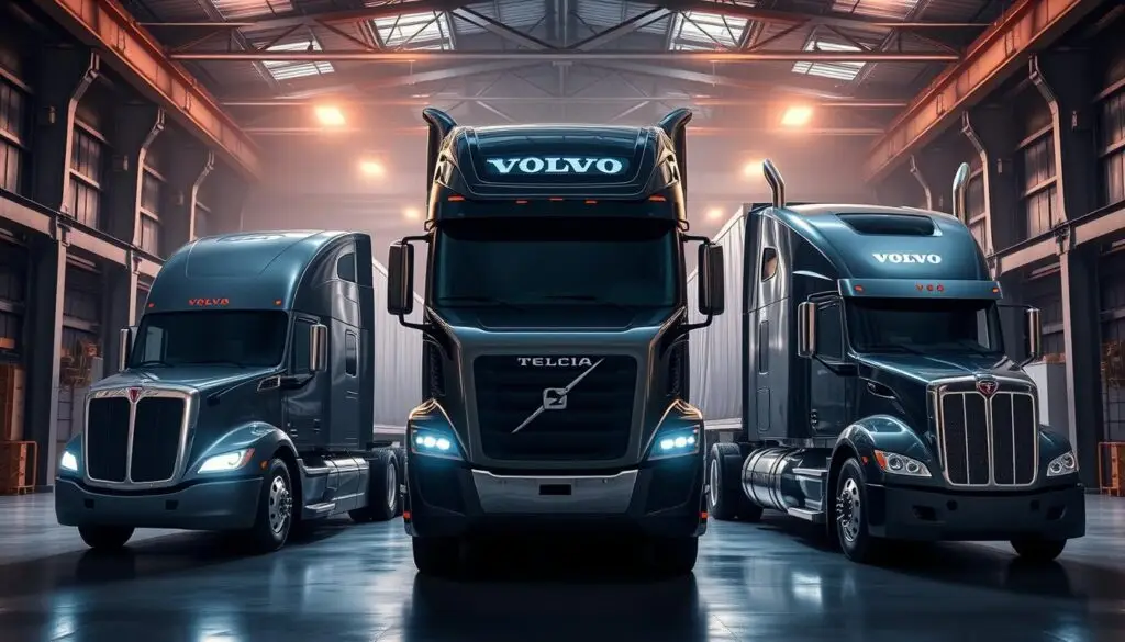 Electric Class 8 truck comparison showing Tesla Freightliner Volvo and PACCAR models