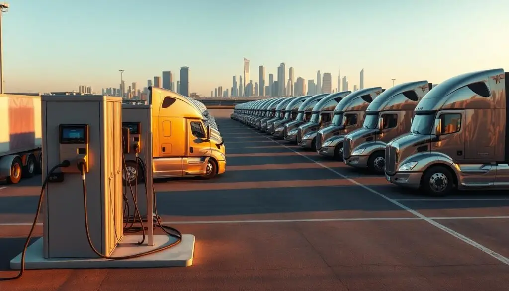 Fleet depot with multiple DC fast charging stations for overnight electric semi truck charging