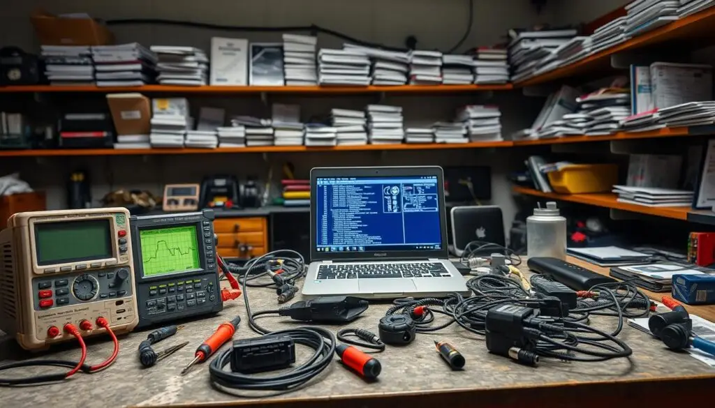 Diesel technician using professional scan tool for ECU diagnostics and sensor testing