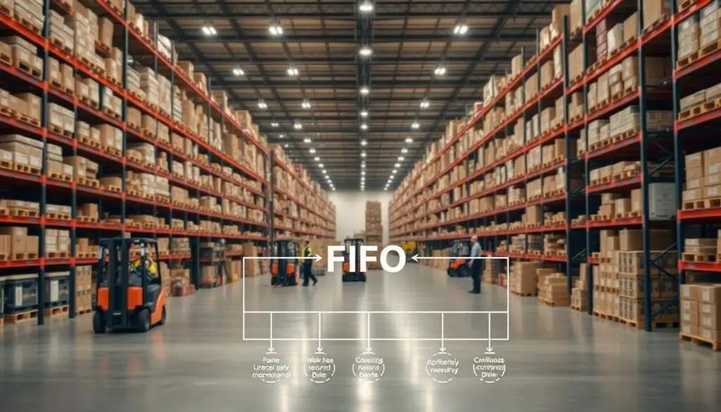 date-labeled stock rotation system using FIFO method in organized warehouse