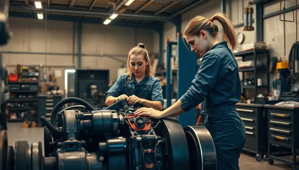Female diesel technicians working in automotive trades performing maintenance