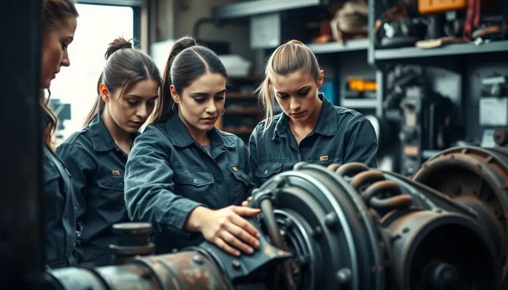 Female heavy equipment mechanics performing diesel engine diagnostics and repair