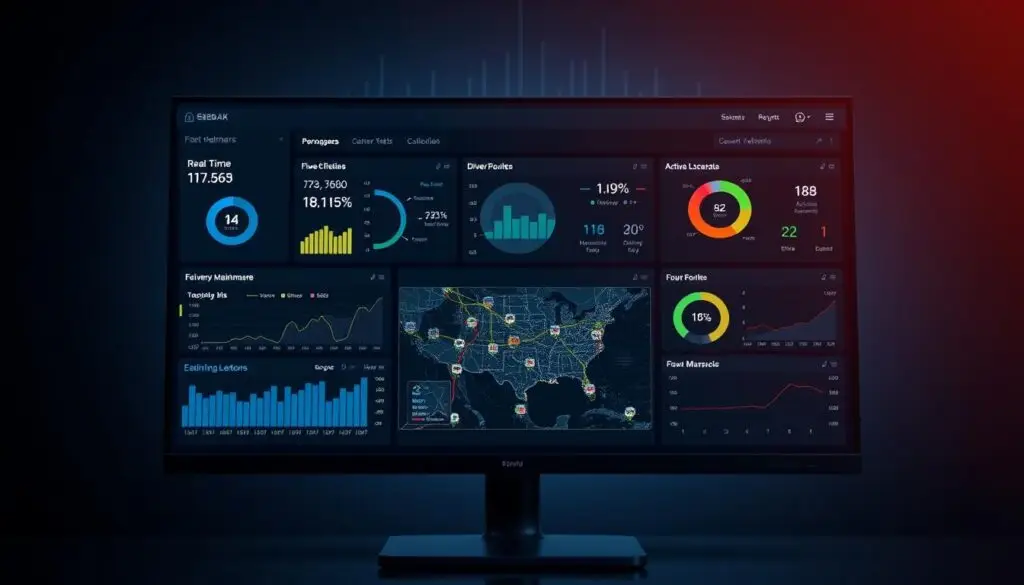 ROI metrics dashboard showing fuel consumption reductions, maintenance cost savings, insurance premium decreases, and productivity improvements