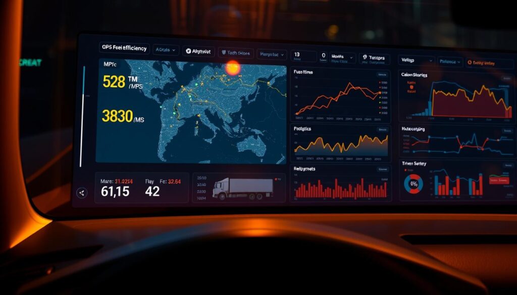 GPS fleet tracking dashboard displaying real-time fuel efficiency data and driver behavior analytics