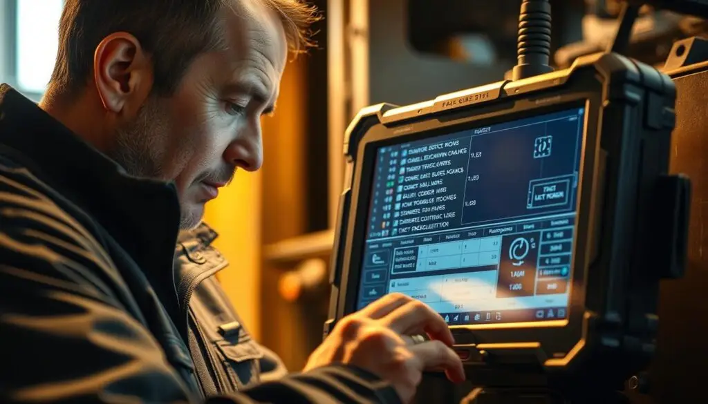 diesel technician using heavy duty diagnostic scanner on commercial truck