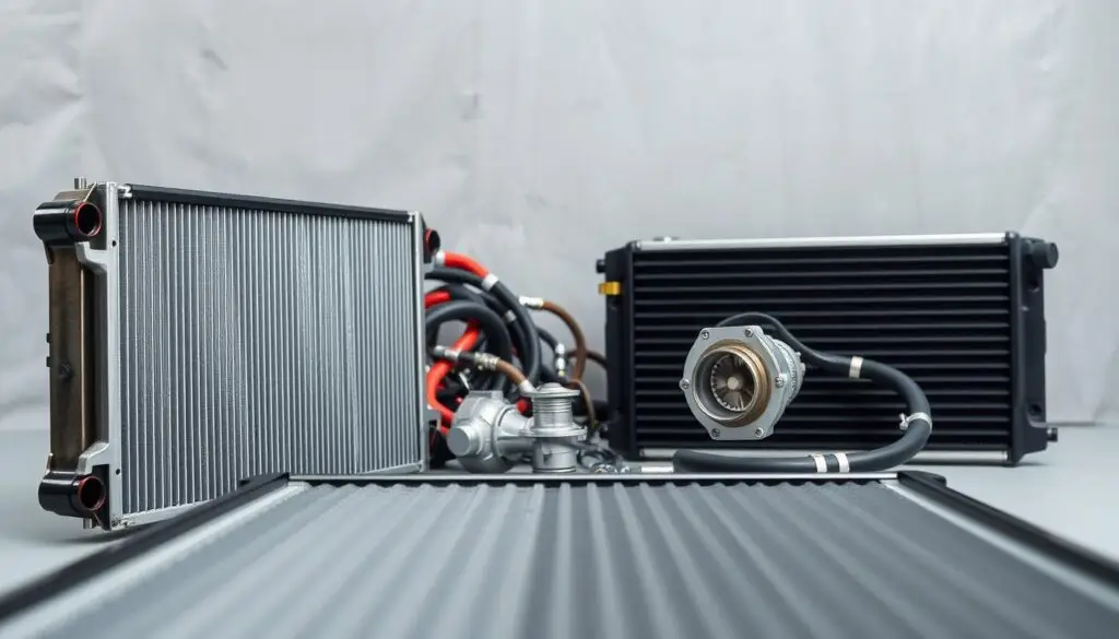 Heavy duty truck cooling system components diagram showing radiator water pump thermostat