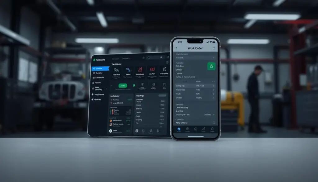 heavy duty shop software mobile interface with digital inspection forms and photo documentation