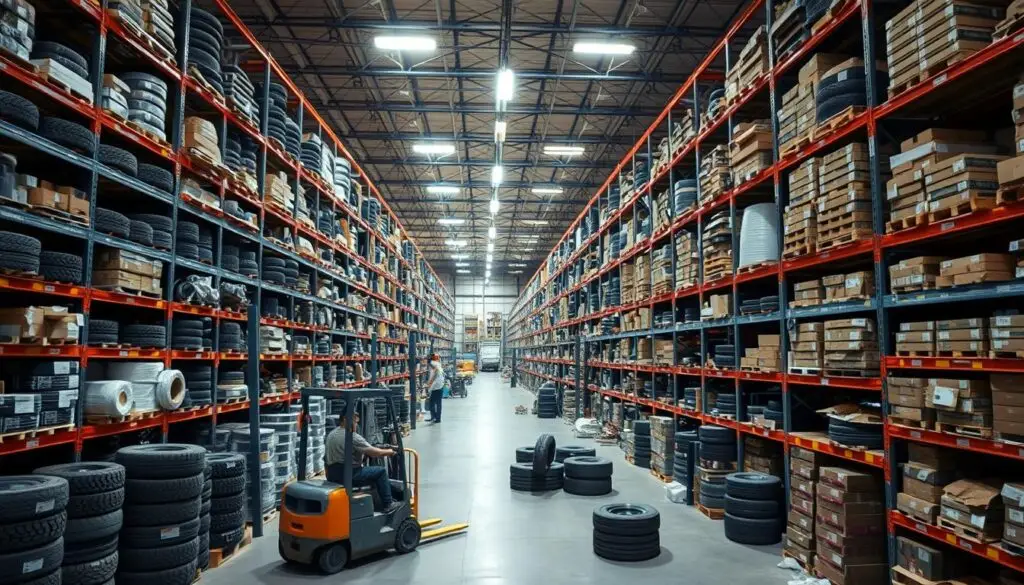 Fleet manager reviewing digital inventory system on tablet in parts warehouse