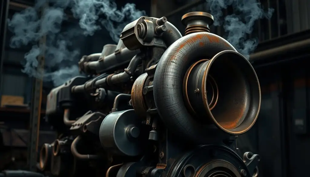 Mechanic inspecting turbocharger and boost system components on diesel engine