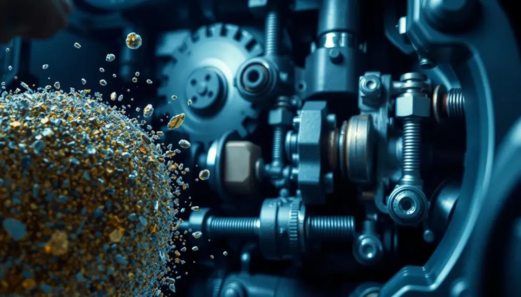 Close-up view of microscopic particles damaging hydraulic valve surfaces in heavy equipment