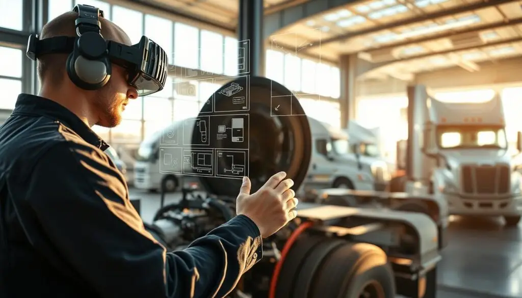 remote expert providing AR guidance to technician through video annotations on truck repair