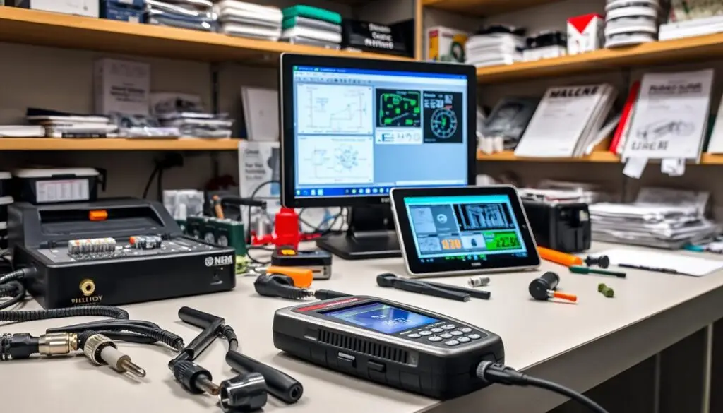 Diesel technician using diagnostic scanner to test SCR catalyst efficiency on heavy-duty truck