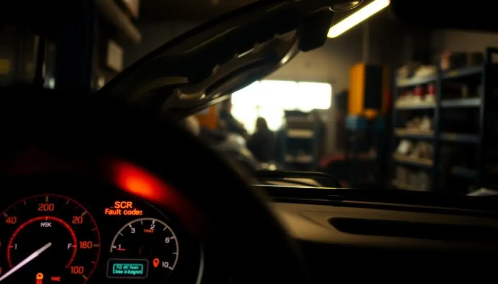 Truck dashboard showing check engine light and DEF warning indicator for SCR system problems