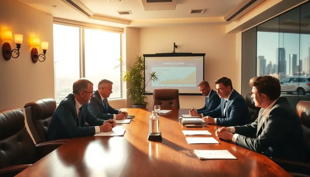 Business acquisition negotiation session for diesel shop purchase