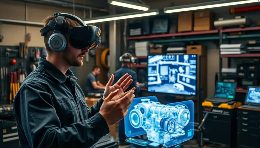 technician trainee using VR headset for heavy duty truck repair simulation training