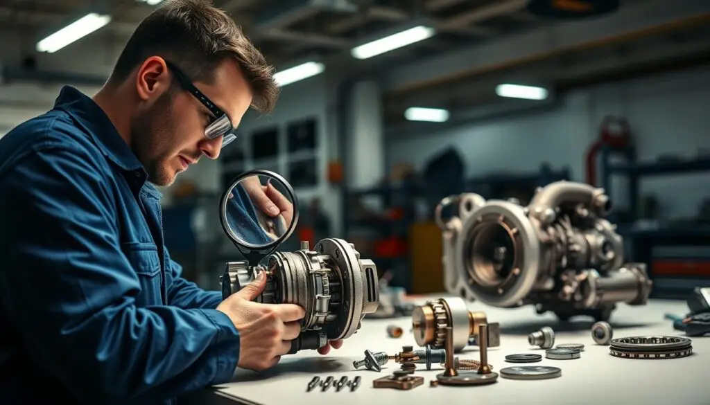 Diesel turbocharger inspection during semi-annual maintenance showing shaft play check and oil seal condition