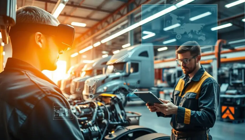 augmented reality mechanics working on heavy duty trucks with AR headsets displaying diagnostic overlays