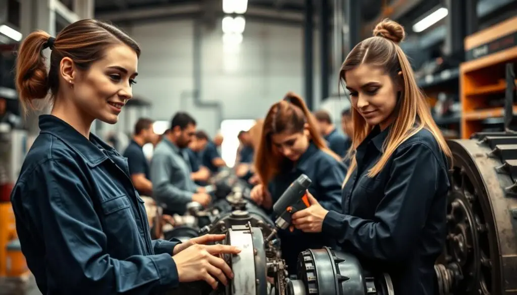 Inclusive diesel mechanics workplace with diverse team of technicians