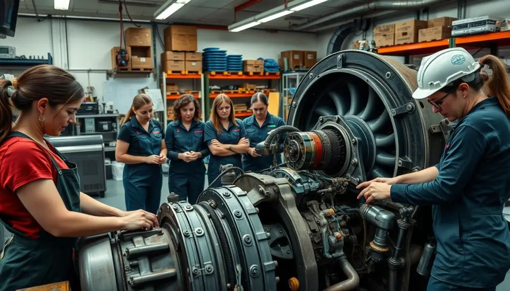 Female diesel technicians performing engine maintenance and repair work