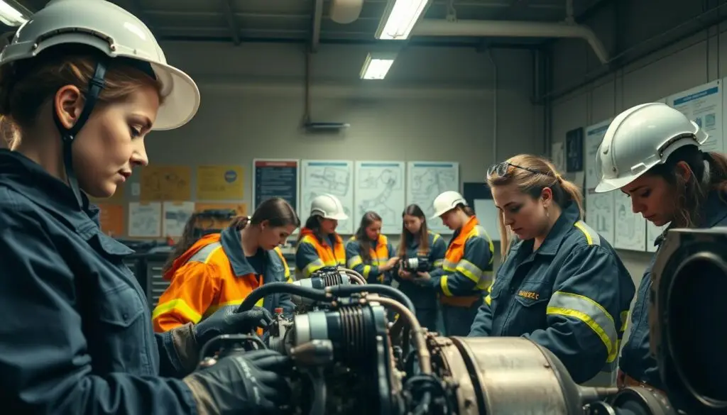 Women participating in hands-on diesel mechanics apprenticeship training