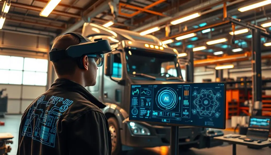 integrated AR workflow showing AI diagnostics and telematics data on workshop display