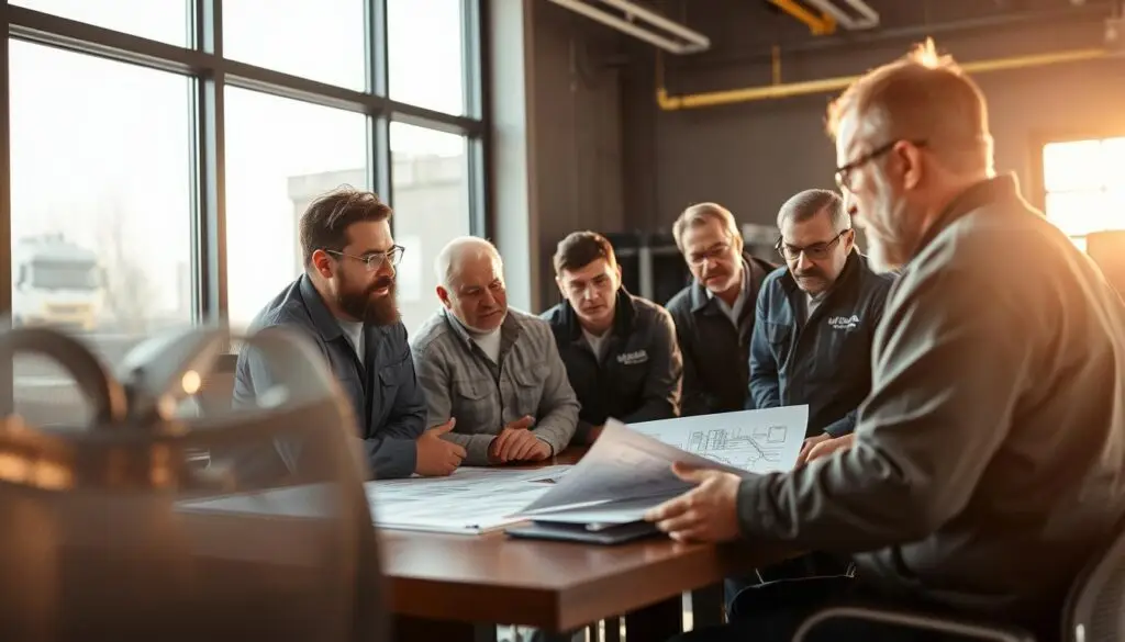 Fleet professionals analyzing maintenance data and diagnostic reports for heavy-duty diesel vehicles