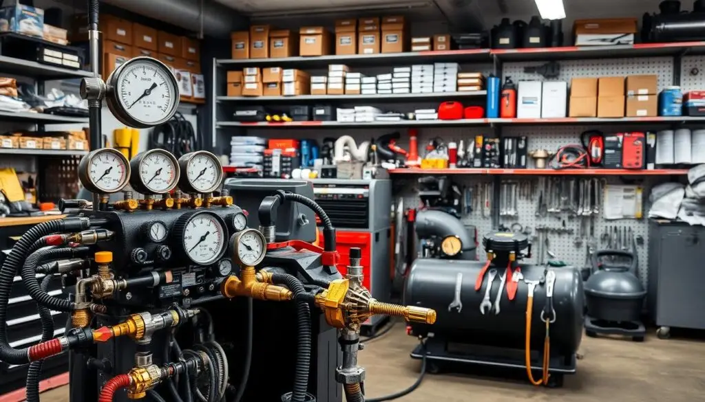 diesel technician using air brake diagnostic equipment on commercial truck
