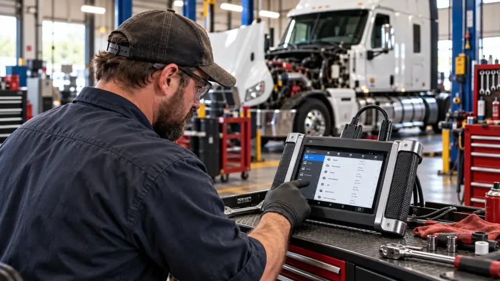 Diesel technician using an ANCEL HD8000 heavy-duty truck diagnostic scanner at a tool cart inside a professional repair shop, with a semi-truck positioned in the background.