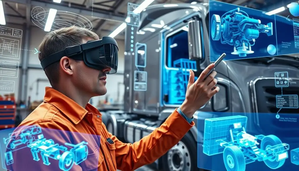 technician using AR glasses to view diagnostic overlays on heavy duty truck engine