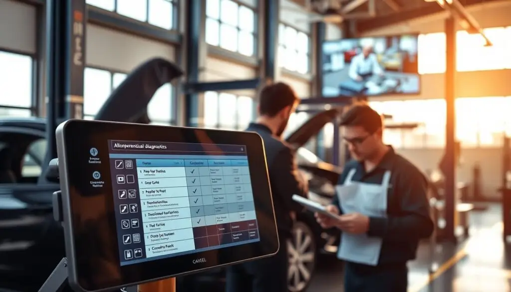 Digital repair checklist on tablet showing step-by-step brake system inspection with photo capture