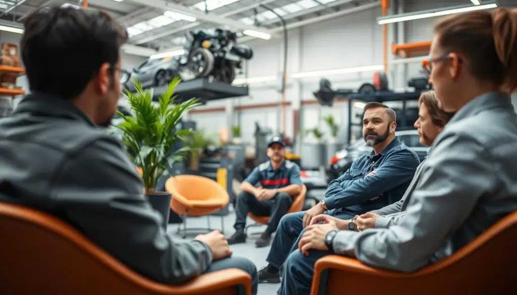 automotive technician wellness support programs showing team collaboration and mental health resources