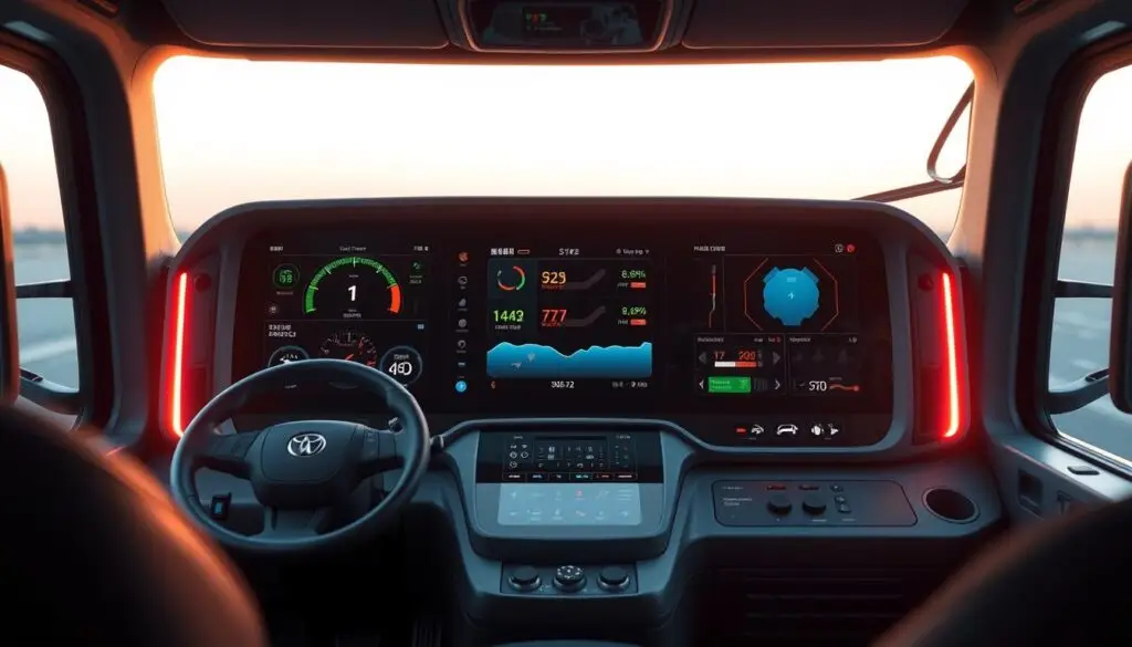 Autonomous trucking technology dashboard displaying AI-powered fleet management systems
