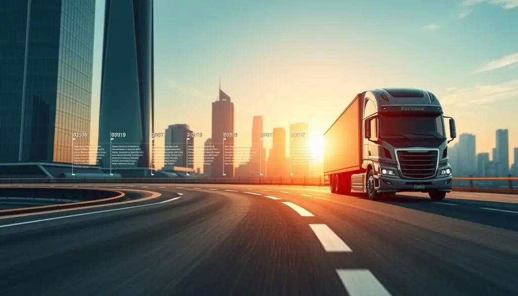 Timeline showing autonomous truck progression from 2024 testing through 2027 commercial availability